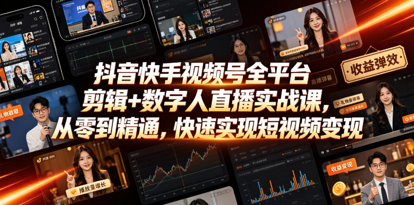 抖音快手视频号全平台剪辑+数字人直播实战课，从零到精通，快速实现短视频变现(更新2026年6月)​-伏羲SAAS