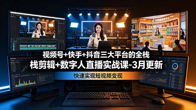 视频号+快手+抖音三大平台的全栈剪辑+数字人直播实战课-3月更新：快速实现短视频变现-伏羲SAAS
