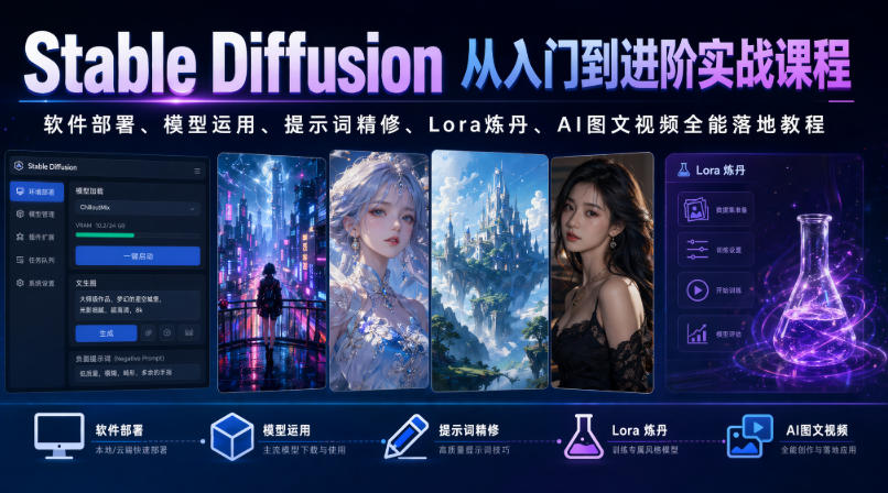 Stable Diffusion从入门到进阶实战课程|软件部署、模型运用、提示词精修、Lora炼丹、AI图文视频全能落地教程-伏羲SAAS