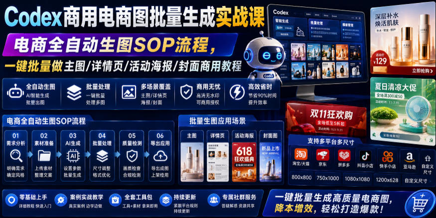 Codex商用电商图批量生成实战课|电商全自动生图SOP流程,一键批量做主图/详情页/活动海报/封面商用教程-伏羲SAAS