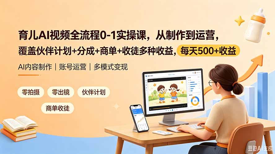 育儿AI视频全流程0-1实操课,从制作到运营,覆盖伙伴计划+分成+商单+收徒多种收益,每天500+收益-伏羲SAAS