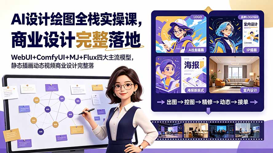 AI设计绘图全栈实操课,WebUI+ComfyUI+MJ+Flux四大主流模型,静态插画动态视频商业设计完整落地教程-伏羲SAAS