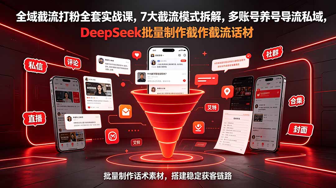 全域截流打粉全套实战课,7大截流模式拆解,多账号养号导流私域,DeepSeek批量制作截流话术素材-伏羲SAAS
