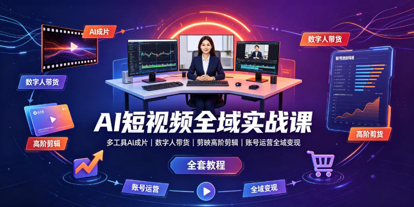 AI短视频全域实战课|多工具AI成片、数字人带货、剪映高阶剪辑、账号运营全域变现全套教程-伏羲SAAS