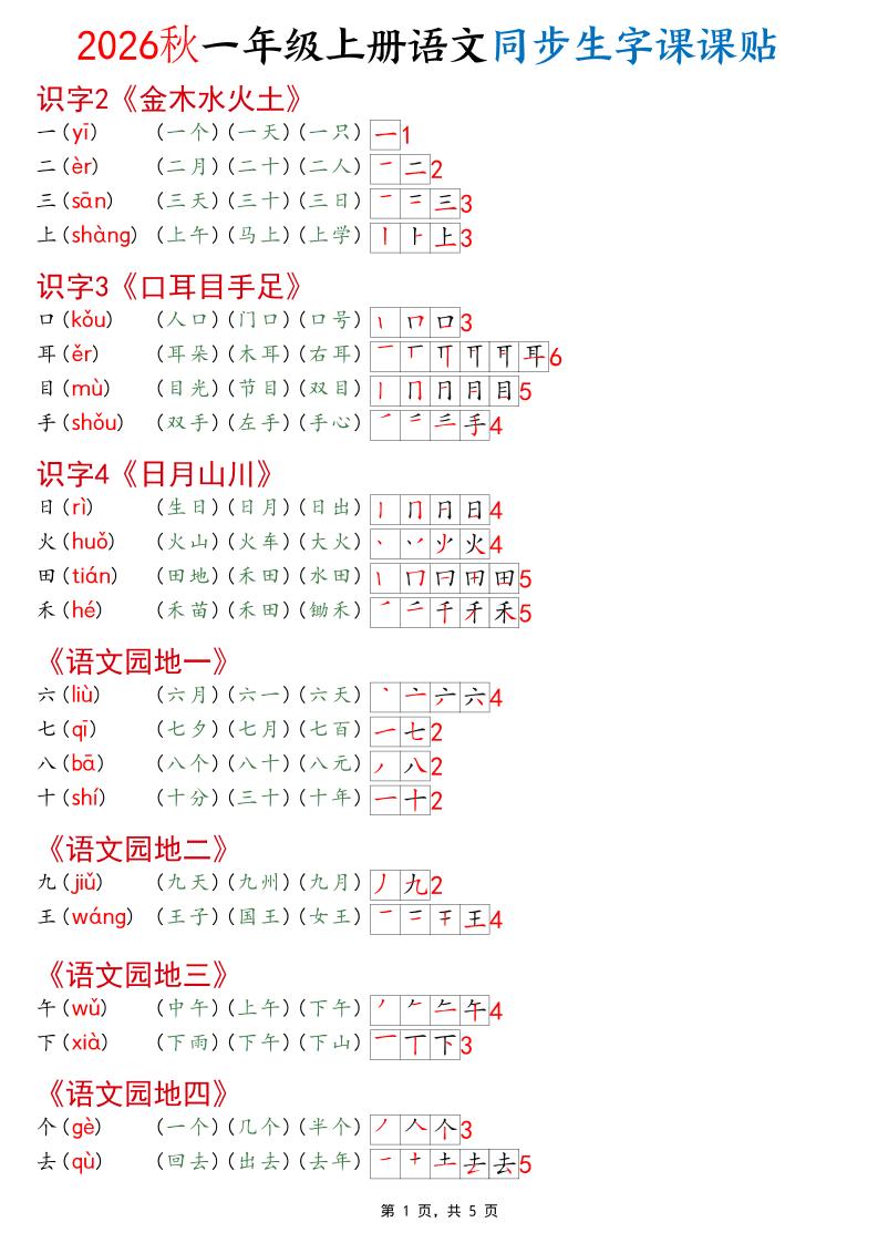 2026秋一年级上语文同步生字课课贴（开学必备）-伏羲SAAS