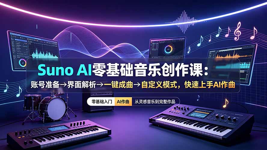Suno AI零基础音乐创作课:账号准备→界面解析→一键成曲→自定义模式,快速上手AI作曲-伏羲SAAS