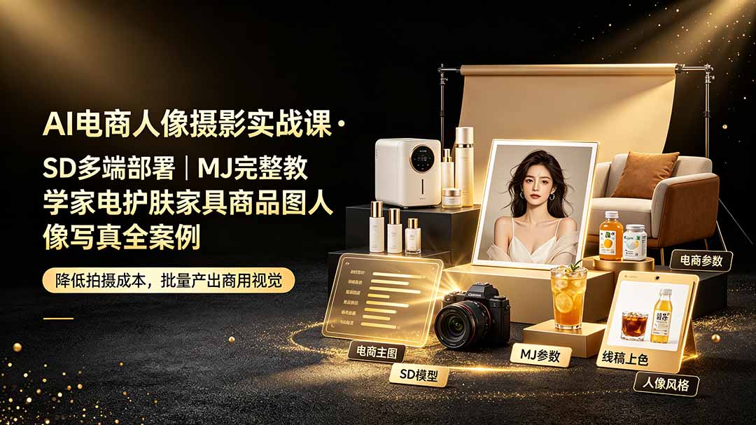 AI电商人像摄影实战课·SD多端部署｜MJ完整教学｜家电护肤家具商品图人像写真全案例-伏羲SAAS