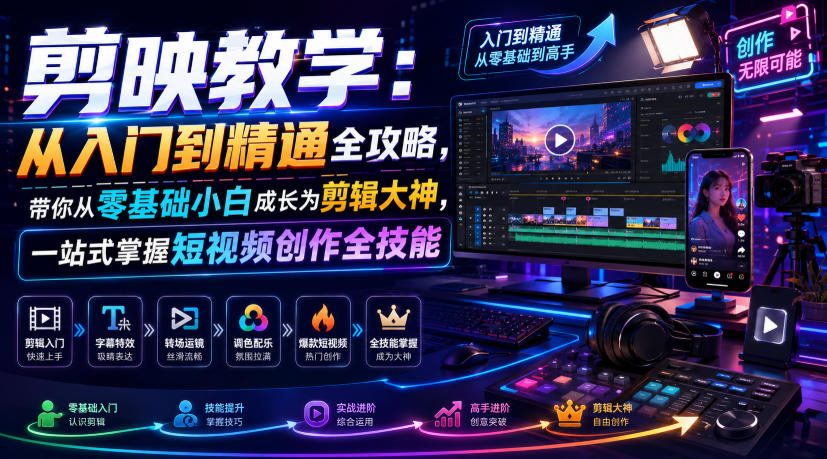 剪映教学:从入门到精通全攻略,带你从零基础小白成长为剪辑大神,一站式掌握短视频创作全技能-伏羲SAAS