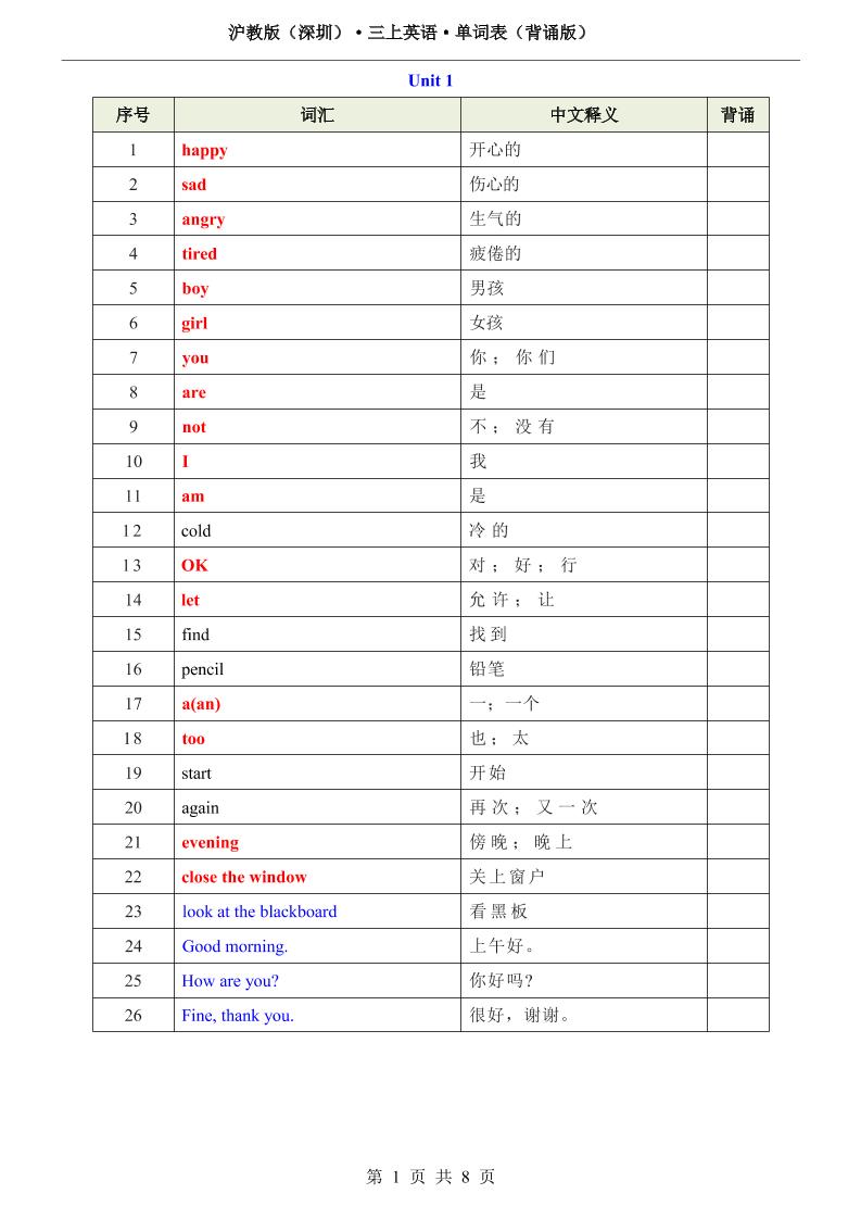 沪教版（深圳）·三上英语·单词表（背诵版）-伏羲SAAS