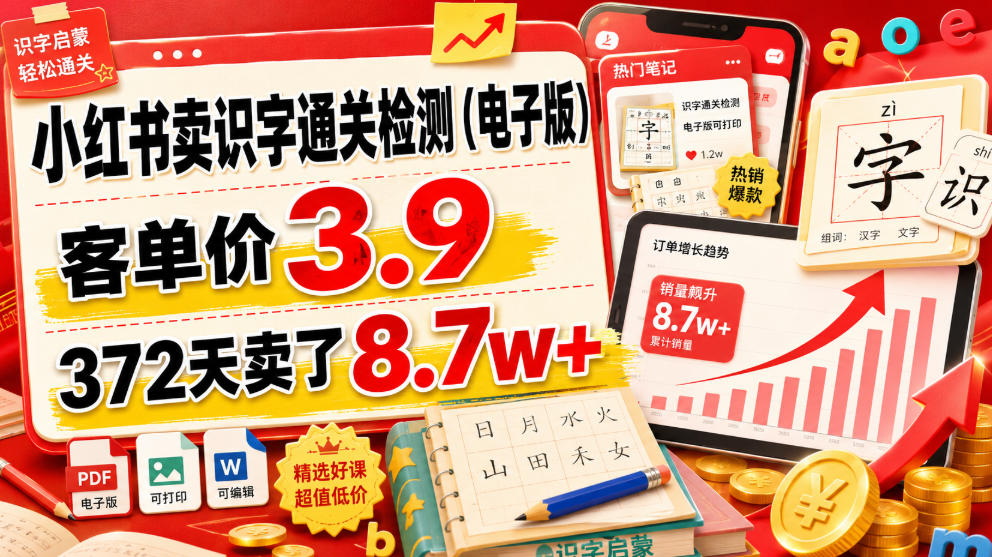 小红书卖识字通关检测(电子版),客单价3.9,372天卖了8.7w+-伏羲SAAS