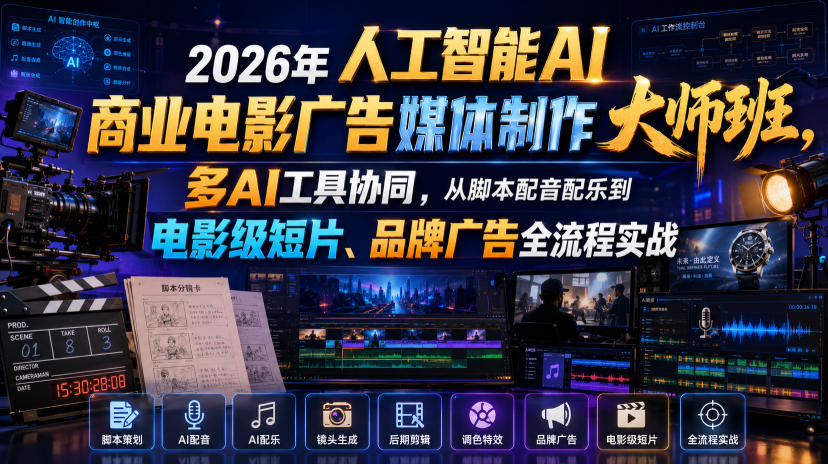2026年人工智能AI商业电影广告媒体制作大师班，多AI工具协同，从脚本配音配乐到电影级短片、品牌广告全流程实战(中英字幕)-伏羲SAAS