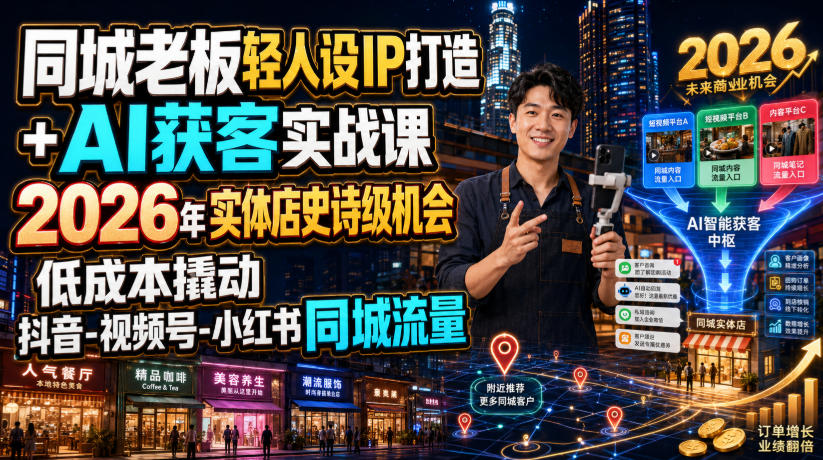 同城老板轻人设IP打造+AI获客实战课,2026年实体店史诗级机会,低成本撬动抖音-视频号-小红书同城流量-伏羲SAAS