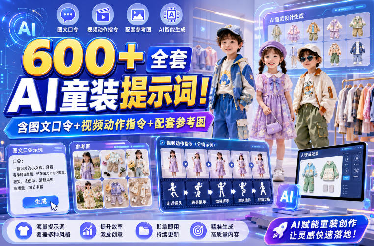 600+全套AI童装提示词!含图文口令+视频动作指令+配套参考图,Word-Excel规整分类,童装电商、种草无脑量产内容!-伏羲SAAS