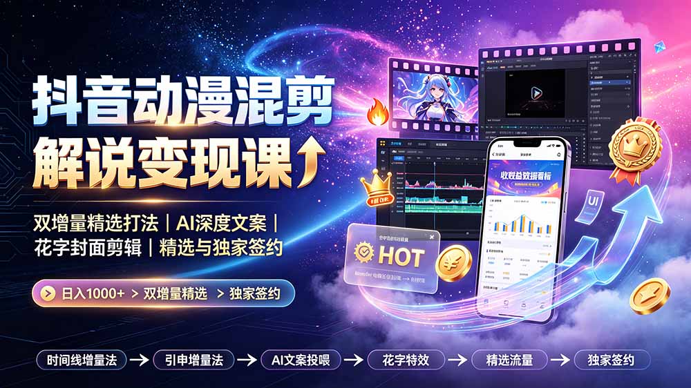 抖音动漫混剪解说变现课:双增量精选打法|AI深度文案|花字封面剪辑| 精选与独家签约日入1000+-伏羲SAAS
