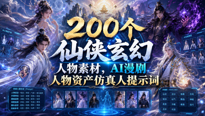 200个仙侠玄幻人物素材,AI漫剧人物资产仿真人提示词-伏羲SAAS