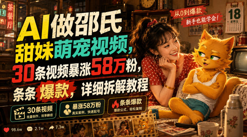 AI做邵氏甜妹萌宠视频,30条视频暴涨58万粉,条条爆款,详细拆解教程-伏羲SAAS