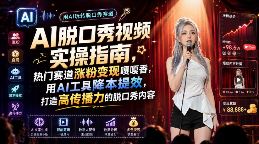 AI脱口秀视频实操指南,热门赛道涨粉变现嘎嘎香,用AI工具降本提效,打造高传播力的脱口秀内容-伏羲SAAS