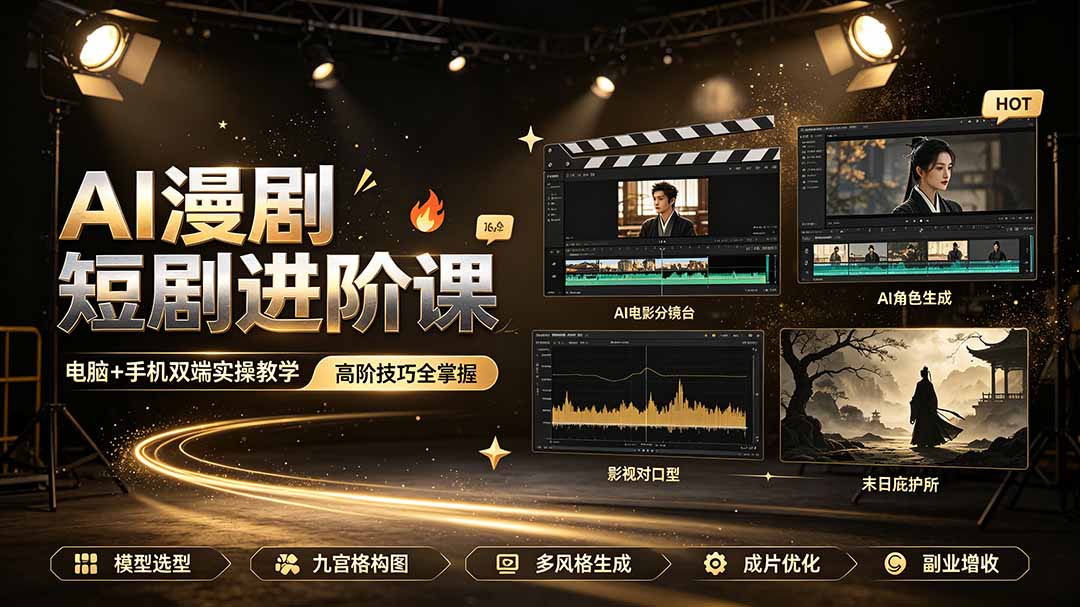AI漫剧短剧进阶课|电脑+手机双端实操教学|影视剧对口型人物吃瓜×解压末日庇护所全程讲解,高阶技巧全掌握-伏羲SAAS