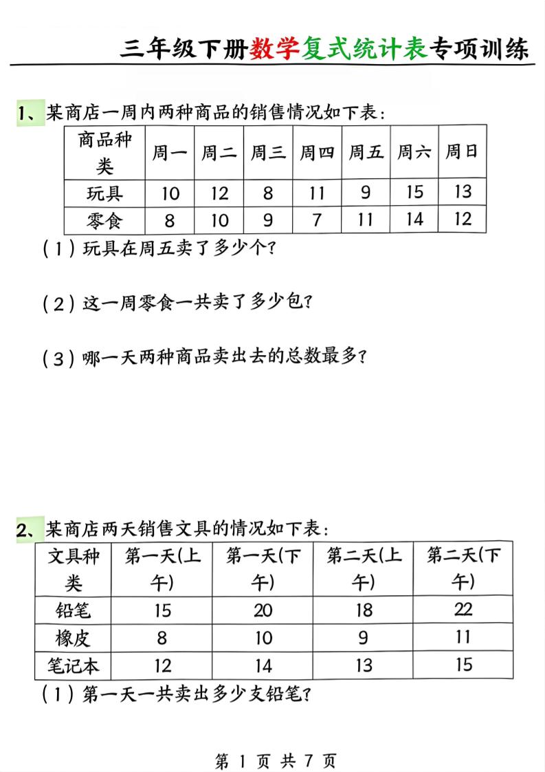 三年级下册数学复式统计表专项训练-伏羲SAAS