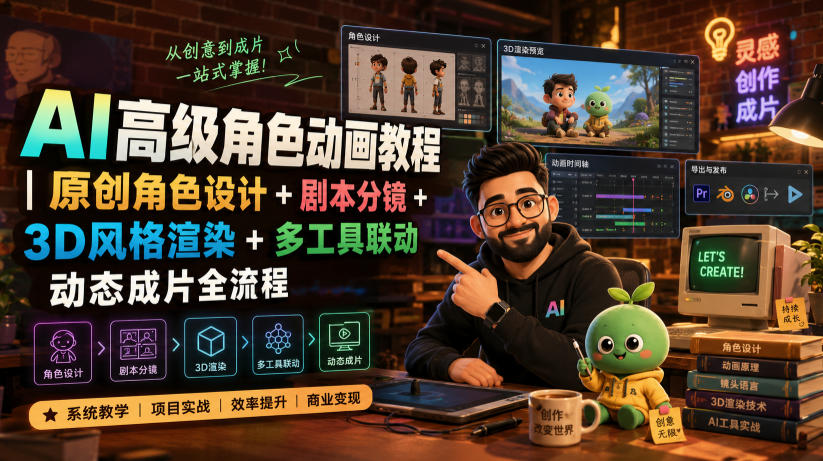AI高级角色动画教程|原创角色设计+剧本分镜+3D风格渲染+多工具联动动态成片全流程【中英字幕】-伏羲SAAS