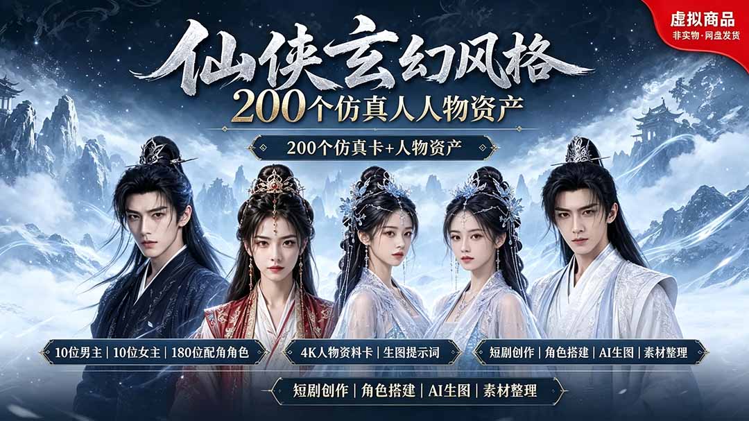 200个仙侠玄幻仿真人素材◆10男主×10女主×180配角,4K资料卡+AI生图提示词,漫剧必备-伏羲SAAS