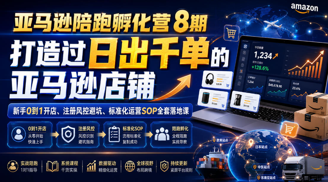 亚马逊陪跑孵化营8期,打造过日出千单的亚马逊店铺,新手0到1开店、注册风控避坑、标准化运营SOP全套落地课-伏羲SAAS