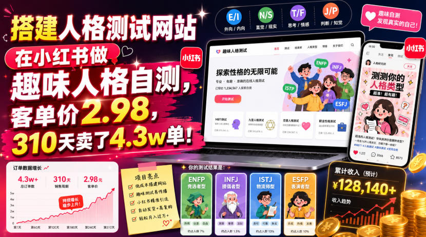 搭建人格测试网站在小红书做趣味人格自测,客单价2.98,310天卖了4.3w单!-伏羲SAAS