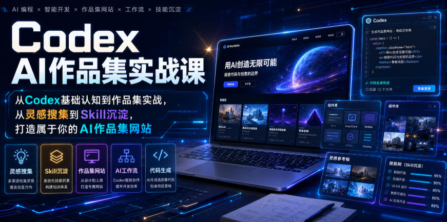 Codex AI作品集实战课,从Codex基础认知到作品集实战,从灵感搜集到Skill沉淀,打造属于你的AI作品集网站-伏羲SAAS