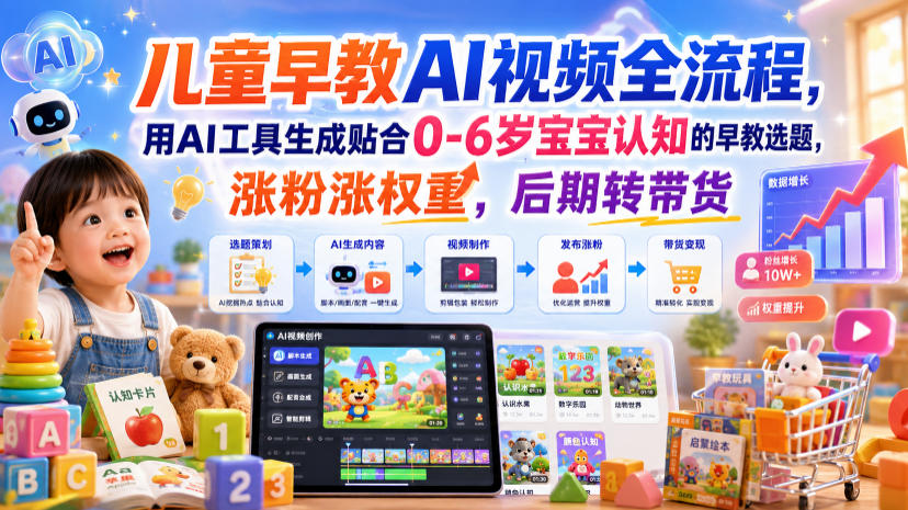 儿童早教AI视频全流程,用AI工具生成贴合0-6岁宝宝认知的早教选题,涨粉涨权重,后期转带货-伏羲SAAS