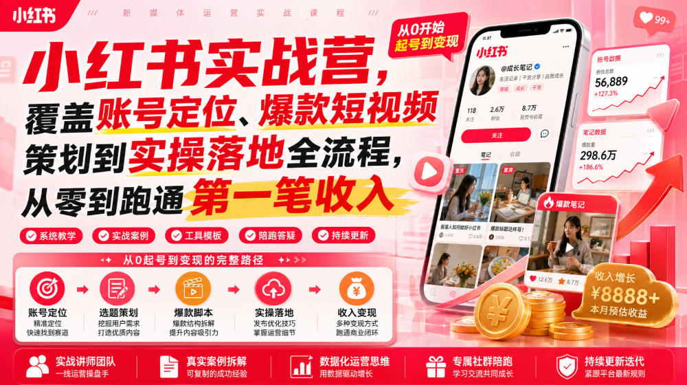 小红书实战营,覆盖账号定位、爆款短视频策划到实操落地全流程,从零到跑通第一笔收入-伏羲SAAS