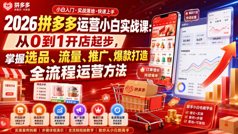 2026拼多多运营小白实战课:从0到1开店起步,掌握选品、流量、推广、爆款打造全流程运营方法-伏羲SAAS