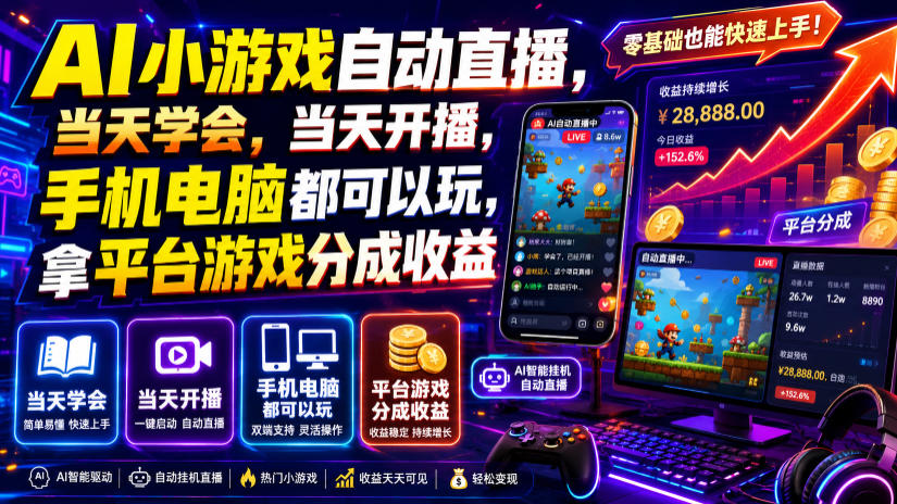 AI小游戏自动直播，当天学会，当天开播，手机电脑都可以玩，拿平台游戏分成收益-伏羲SAAS