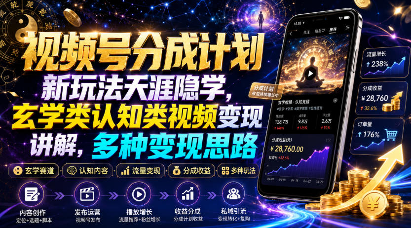 视频号分成计划新玩法天涯隐学,玄学类认知类视频变现讲解,多种变现思路-伏羲SAAS