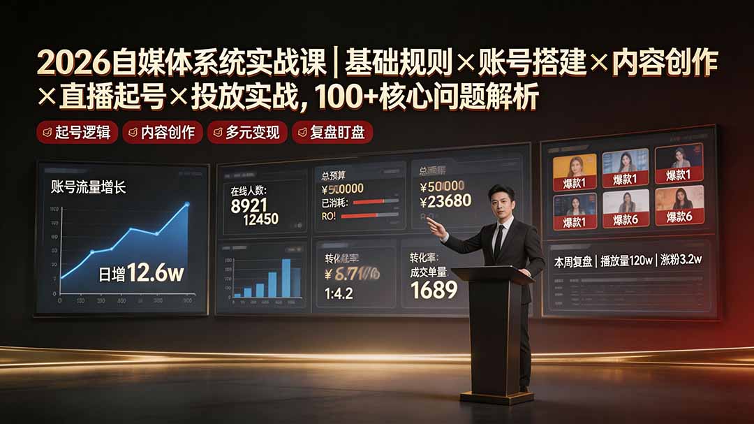 2026自媒体系统实战课|基础规则×账号搭建×内容创作×直播起号×投放实战,100+核心问题解析-伏羲SAAS