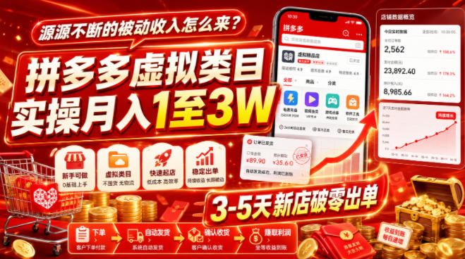源源不断的被动收入怎么来?拼多多虚拟类目实操月入1至3W,3-5天新店破零出单-伏羲SAAS
