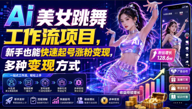Ai美女跳舞工作流项目,新手也能快速起号涨粉变现,多种变现方式-伏羲SAAS