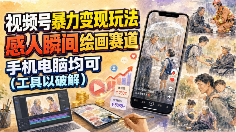 视频号暴力变现玩法,感人瞬间绘画赛道,手机电脑均可-伏羲SAAS