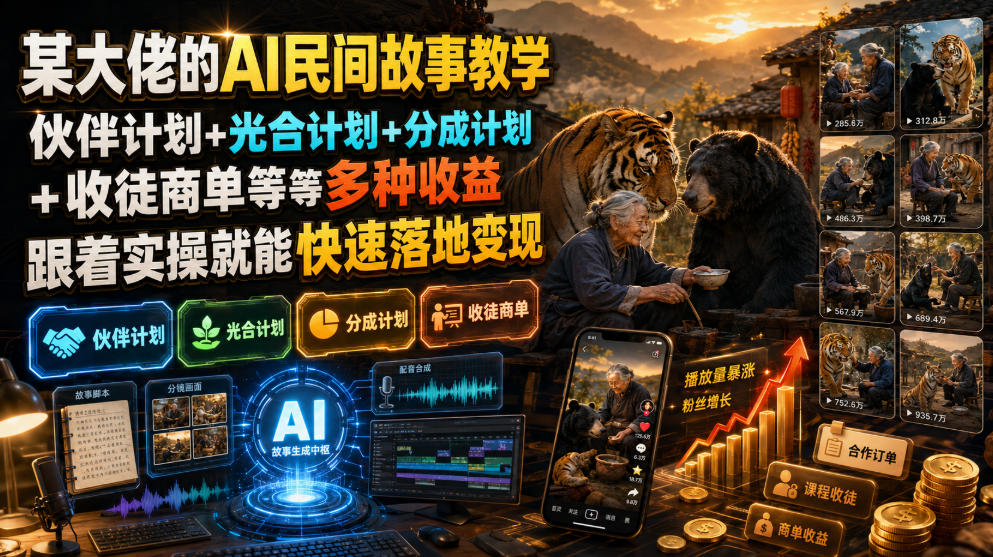 某大佬的AI民间故事教学,伙伴计划+光合计划+分成计划+收徒商单等多种收益,跟着实操就能快速落地变现-伏羲SAAS