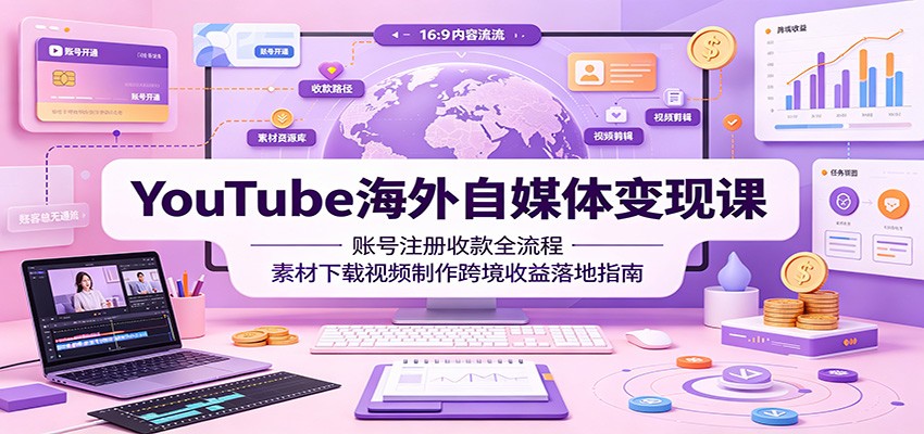 YouTube海外自媒体变现课:账号注册收款全流程,素材下载视频制作跨境收益落地指南-伏羲SAAS