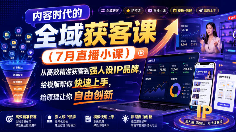 内容时代的全域获客课(7月直播小课),从高效精准获客到强人设IP品牌,给模版帮你快速上手,给原理让你自由创新-伏羲SAAS