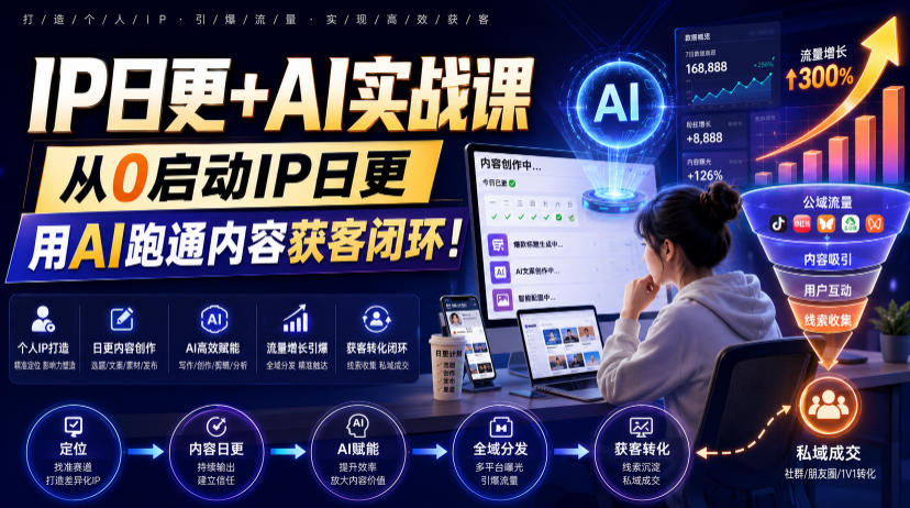 IP日更+AI实战课,从0启动IP日更,IP置顶视频制作+100条选题库搭建+10条日更规划,用AI跑通内容获客闭环!-伏羲SAAS