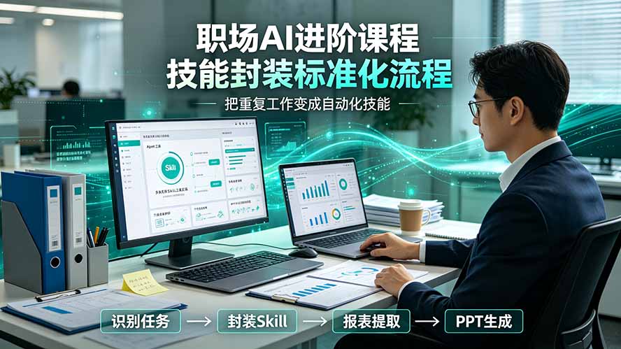 职场AI进阶课程；多类实用Skill工具实操，专属技能封装标准化流程，报表行业报告一键提取核心内容-伏羲SAAS