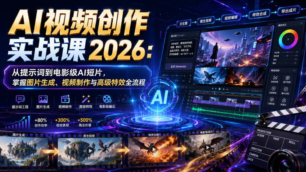 AI视频创作实战课2026:从提示词到电影级AI短片,掌握图片生成、视频制作与高级特效全流程-伏羲SAAS