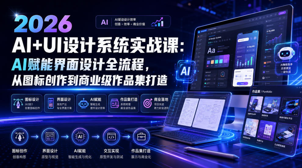 2026 AI+UI设计系统实战课:AI赋能界面设计全流程,从图标创作到商业级作品集打造-伏羲SAAS