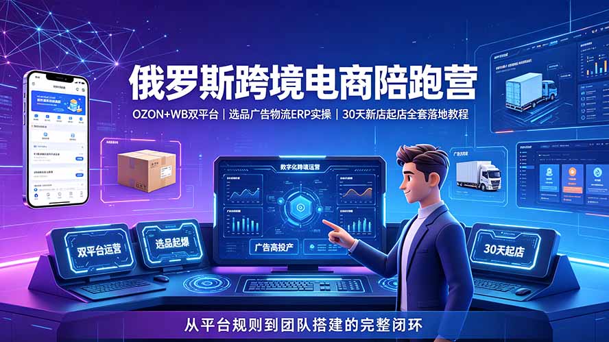 2026俄罗斯跨境电商陪跑营:OZON+WB双平台|选品广告物流ERP实操|30天新店起店全套落地教程-伏羲SAAS