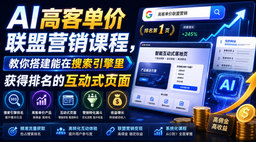 AI高客单价联盟营销课程，教你搭建能在搜索引擎里获得排名的互动式页面，引来流量，把访客转化为高佣金的成交【原创双语字幕】-伏羲SAAS