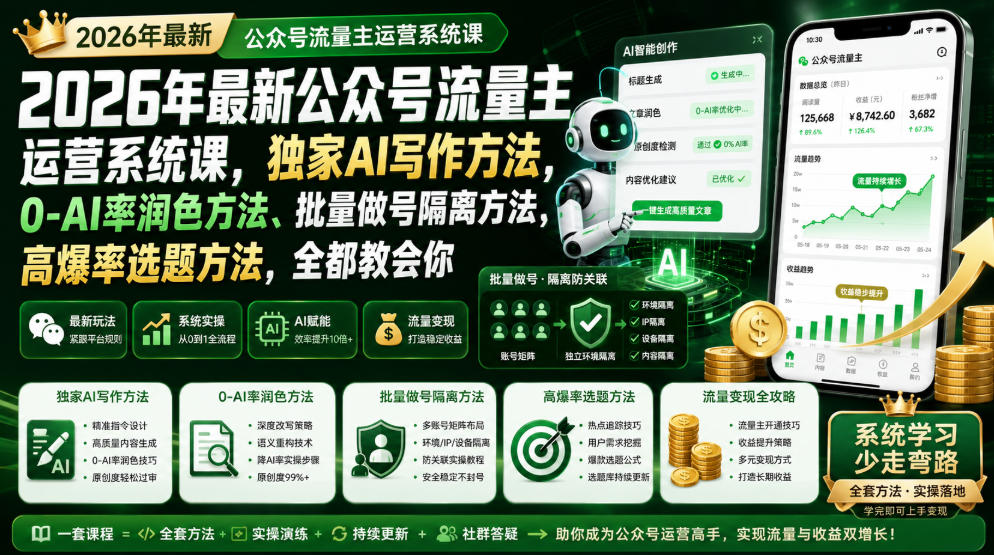 2026年最新公众号流量主运营系统课,独家AI写作方法,0-AI率润色方法、批量做号隔离方法、高爆率选题方法,全都教会你-伏羲SAAS