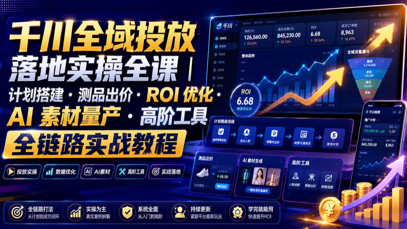 千川全域投放落地实操全课｜计划搭建・测品出价・ROI优化・AI素材量产・高阶工具全链路实战教程-伏羲SAAS