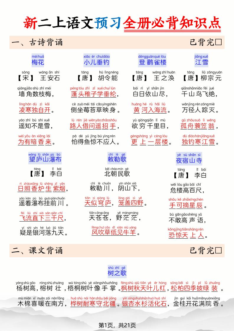 26新二上语文暑假预习全册必背知识点21页-伏羲SAAS