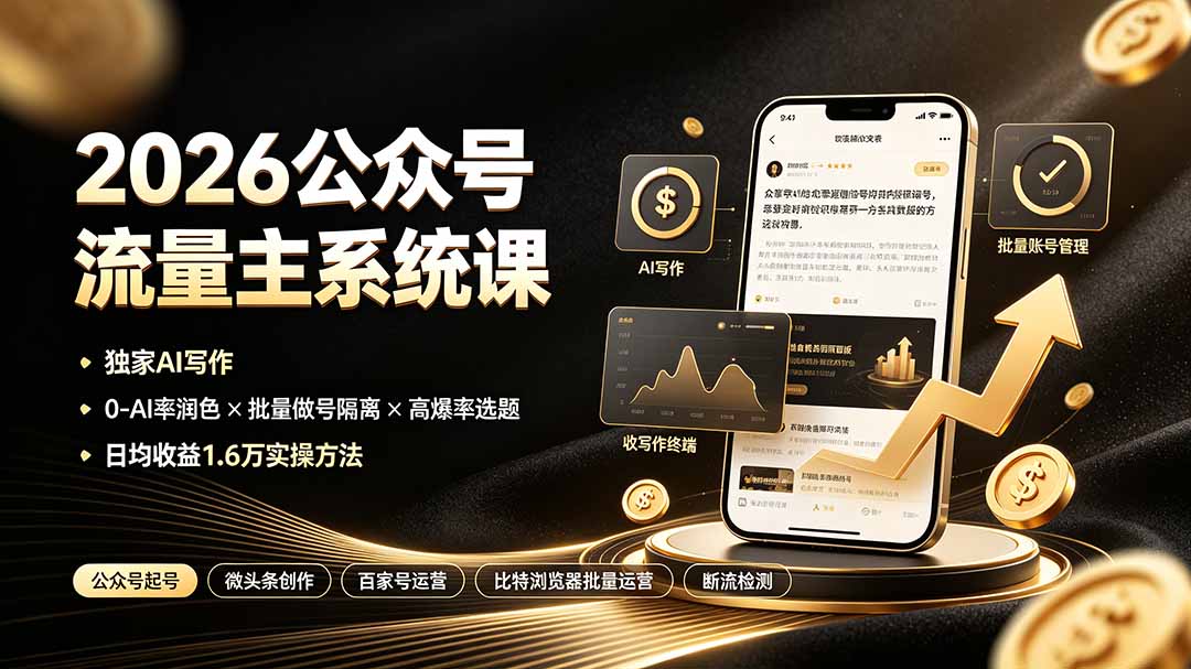 2026公众号流量主系统课:独家AI写作×0-AI率润色×批量做号隔离×高爆率选题,日均收益1.6万实操方法-伏羲SAAS